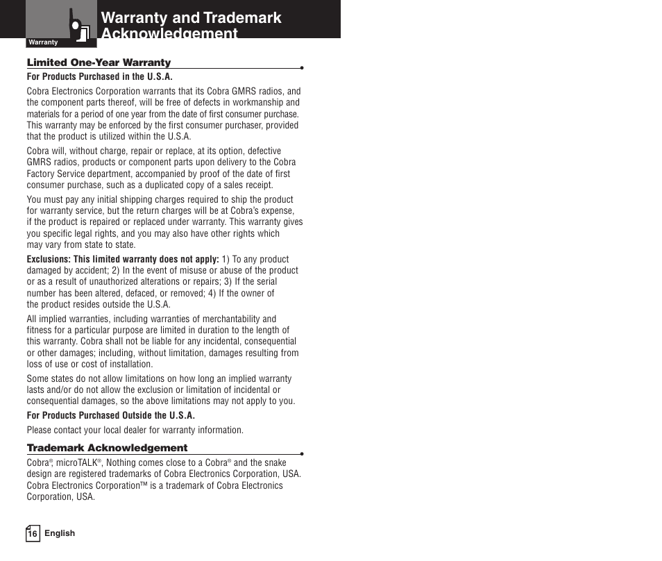 Warranty and trademark acknowledgement | Cobra Electronics PR590WX User Manual | Page 11 / 11