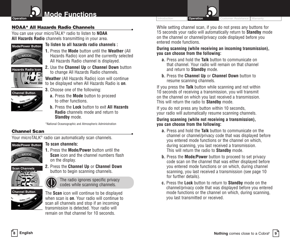 Mode functions | Cobra Electronics PR590WX User Manual | Page 7 / 11