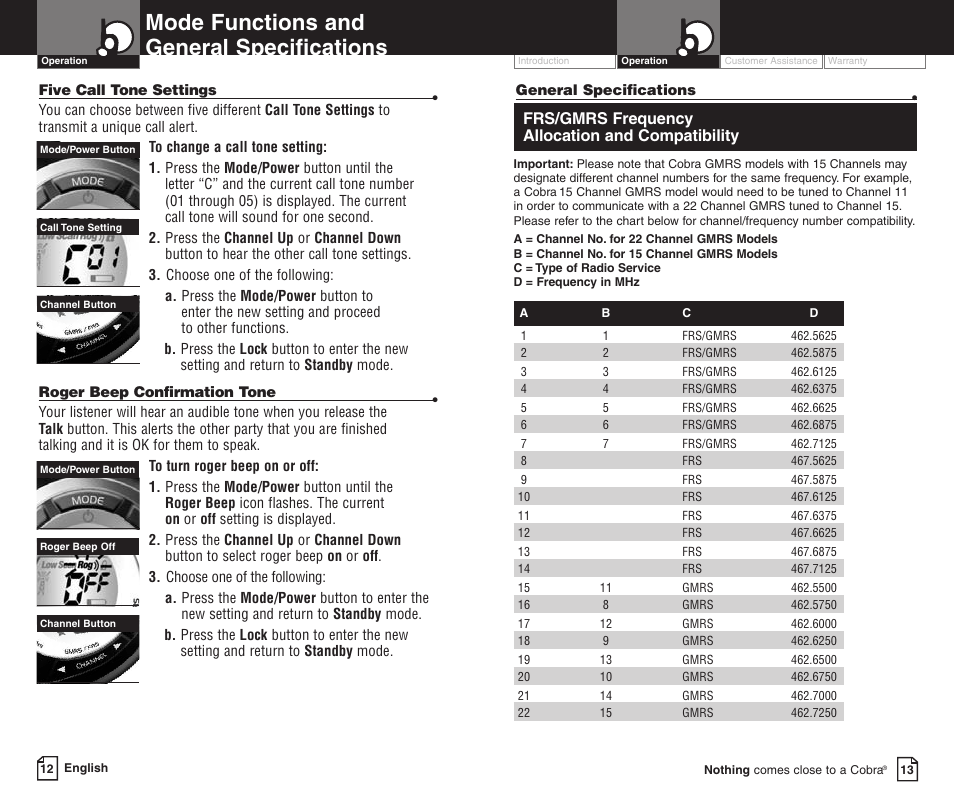 Mode functions and general specifications, Frs/gmrs frequency allocation and compatibility | Cobra Electronics PR590WX User Manual | Page 9 / 11