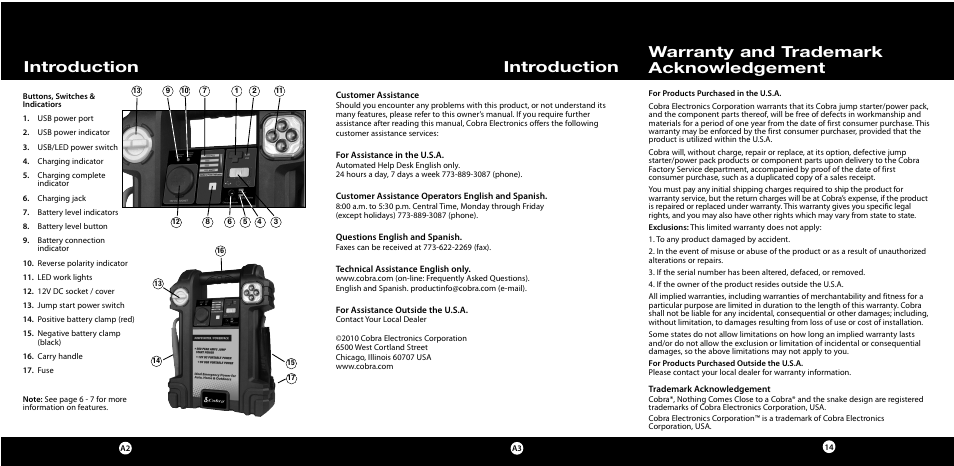 Introduction, Warranty and trademark acknowledgement | Cobra Electronics CJS 50 User Manual | Page 2 / 9