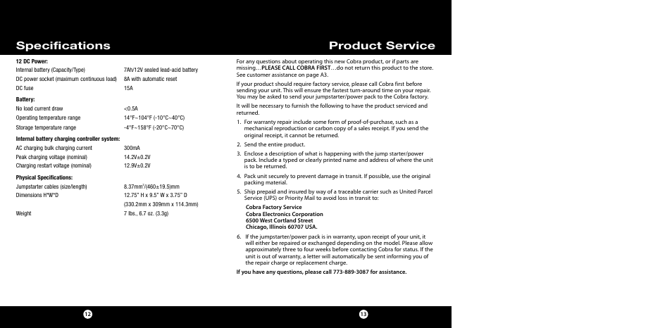 Product service specifications | Cobra Electronics CJS 50 User Manual | Page 9 / 9
