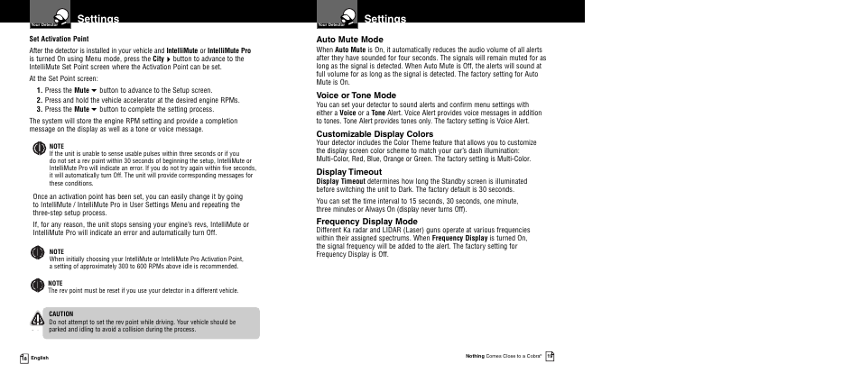 Settings, Auto mute mode, Voice or tone mode | Customizable display colors, Display timeout, Frequency display mode | Cobra Electronics XRS 9945 User Manual | Page 12 / 23