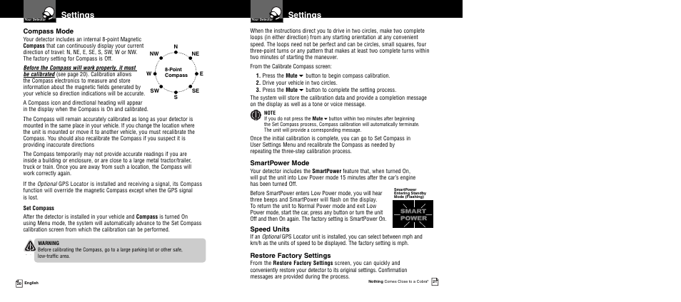 Settings, Smartpower mode, Speed units | Restore factory settings, Compass mode | Cobra Electronics XRS 9945 User Manual | Page 13 / 23