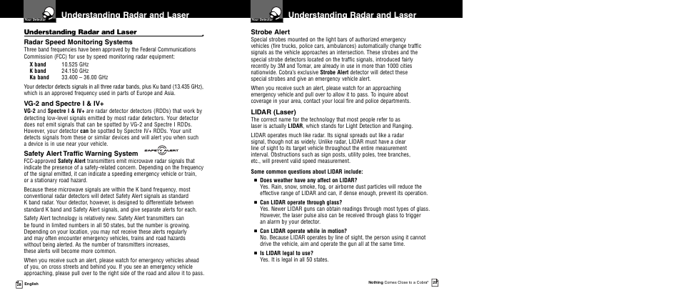 Understanding radar and laser, Radar speed monitoring systems, Vg-2 and spectre i & iv | Safety alert traffic warning system, Strobe alert, Lidar (laser) | Cobra Electronics XRS 9945 User Manual | Page 17 / 23