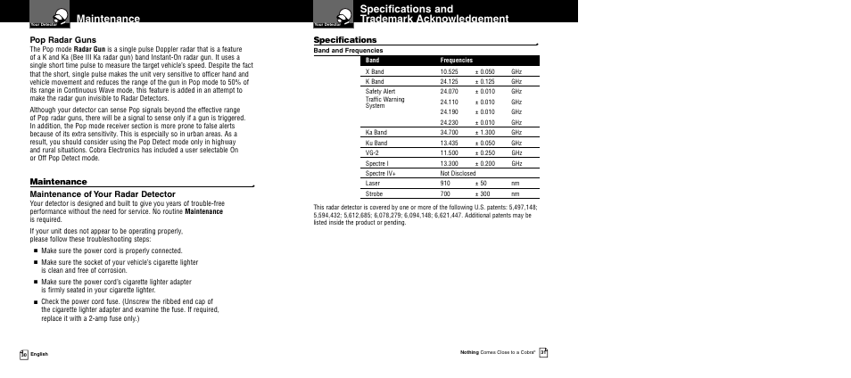 Specifications and trademark acknowledgement, Maintenance, Pop radar guns | Maintenance of your radar detector, Specifications | Cobra Electronics XRS 9945 User Manual | Page 18 / 23