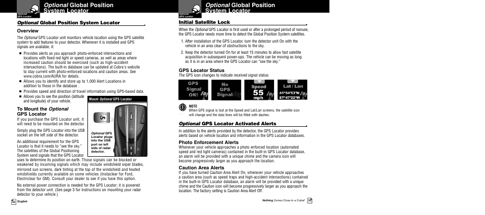 Optional global position system locator, Overview, Gps locator status | Initial satellite lock, Optional gps locator activated alerts, Photo enforcement alerts, Caution area alerts | Cobra Electronics XRS 9945 User Manual | Page 19 / 23