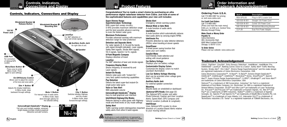 Controls, indicators, connections and display, Product features, Order information and trademark acknowledgement | Trademark acknowledgement, Ordering from u.s.a | Cobra Electronics XRS 9945 User Manual | Page 2 / 23