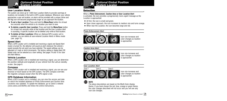 User location alerts, Speed alert, Vehicle location | Compass, Gps database information, Detection | Cobra Electronics XRS 9945 User Manual | Page 20 / 23
