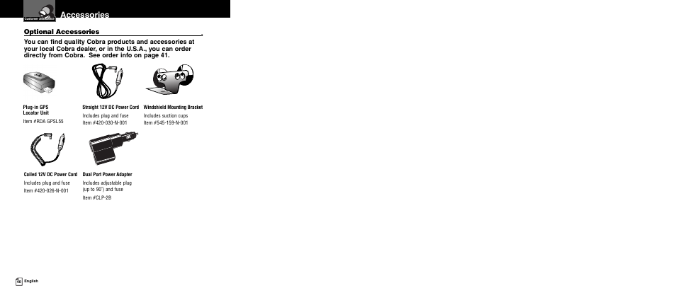 Accessories, Optional accessories | Cobra Electronics XRS 9945 User Manual | Page 23 / 23