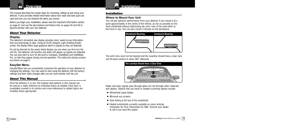 Overview, Installation, About your detector | Display, Easyset menu, About this manual, Where to mount your unit | Cobra Electronics XRS 9945 User Manual | Page 4 / 23