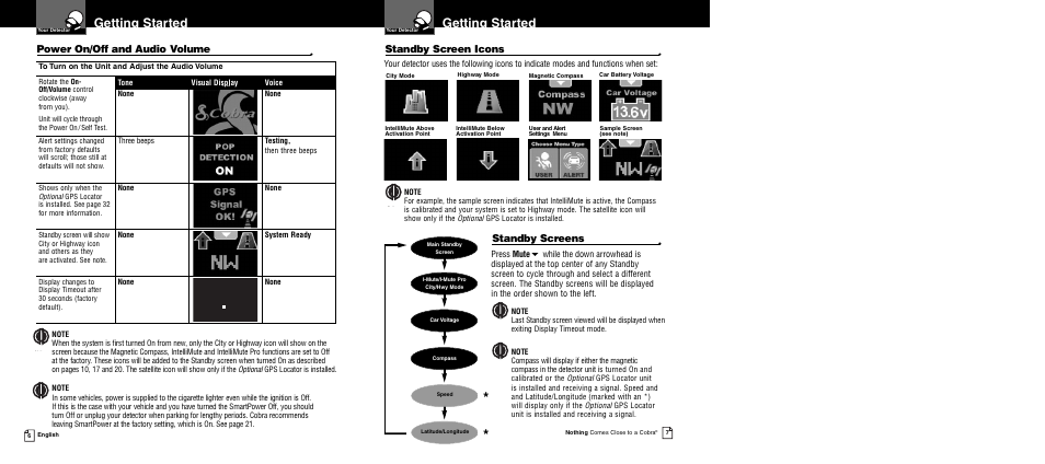Getting started, Standby screen icons, Power on/off and audio volume | Standby screens | Cobra Electronics XRS 9945 User Manual | Page 6 / 23