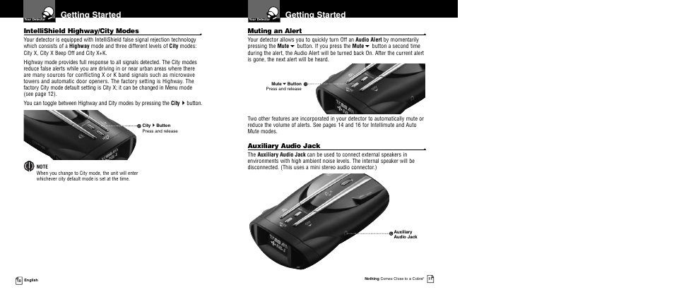 Getting started, Muting an alert, Auxiliary audio jack | Intellishield highway/city modes | Cobra Electronics XRS 9945 User Manual | Page 8 / 23