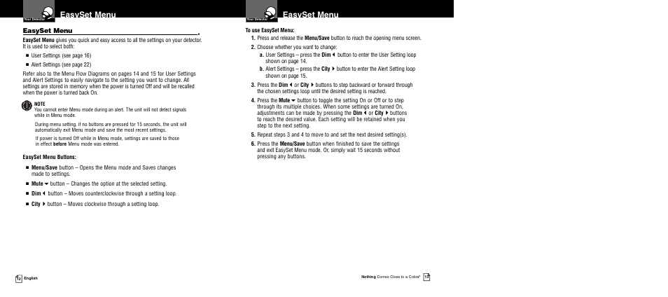 Easyset menu | Cobra Electronics XRS 9945 User Manual | Page 9 / 23