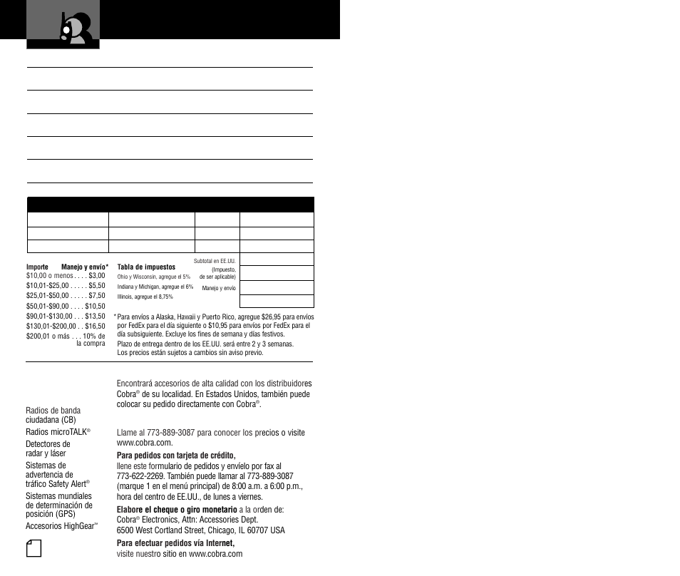 Product features, Formularios de pedidos y accesorios, Total | Cobra Electronics PR3000DX User Manual | Page 24 / 24