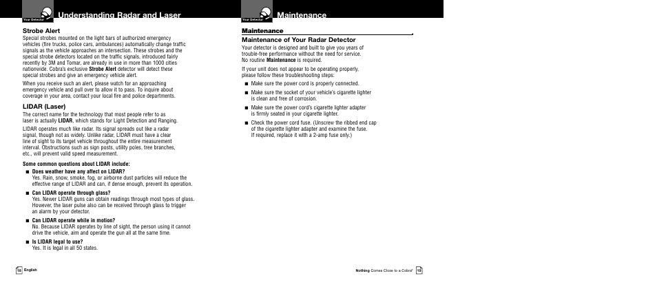 Maintenance, Understanding radar and laser, Strobe alert | Lidar (laser), Maintenance of your radar detector | Cobra Electronics 12 BAND XRS 9340 User Manual | Page 12 / 15