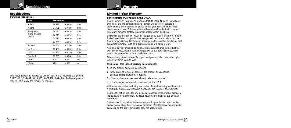 Warranty, Specifications, Limited 1-year warranty | Cobra Electronics 12 BAND XRS 9340 User Manual | Page 13 / 15