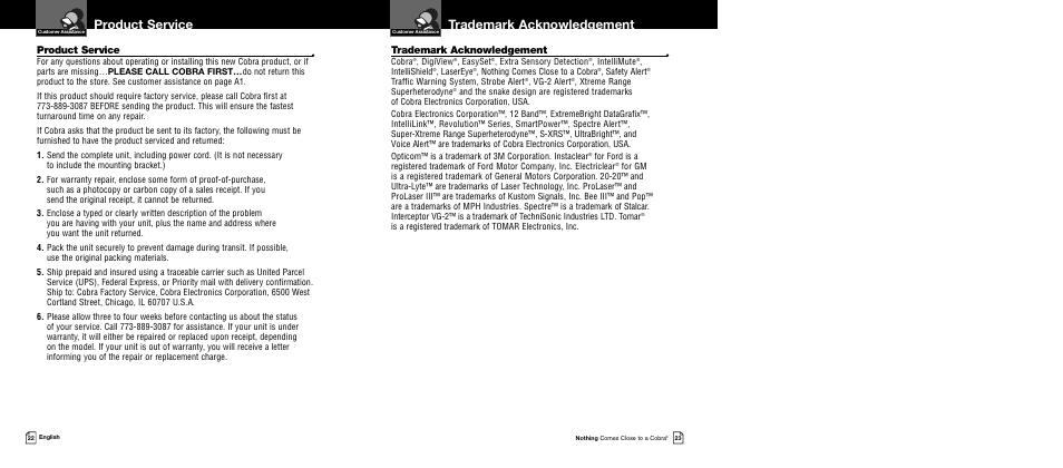 Trademark acknowledgement, Product service | Cobra Electronics 12 BAND XRS 9340 User Manual | Page 14 / 15