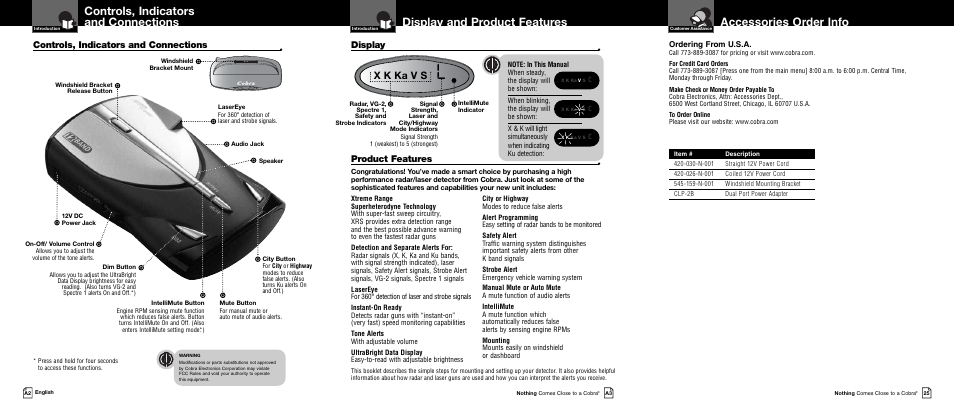 Accessories order info, Display and product features, Controls, indicators and connections | X k ka v s, Product features, Display | Cobra Electronics 12 BAND XRS 9340 User Manual | Page 2 / 15