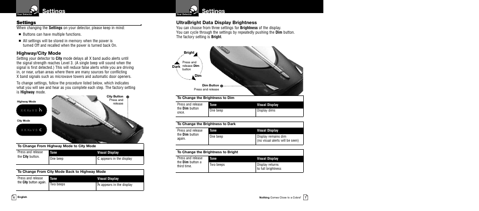 Settings, Ultrabright data display brightness, Highway/city mode | Cobra Electronics 12 BAND XRS 9340 User Manual | Page 6 / 15