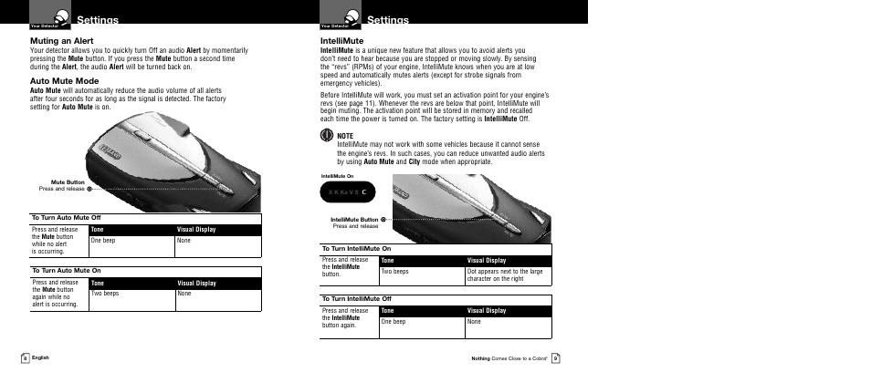 Settings, Muting an alert, Auto mute mode | Intellimute | Cobra Electronics 12 BAND XRS 9340 User Manual | Page 7 / 15
