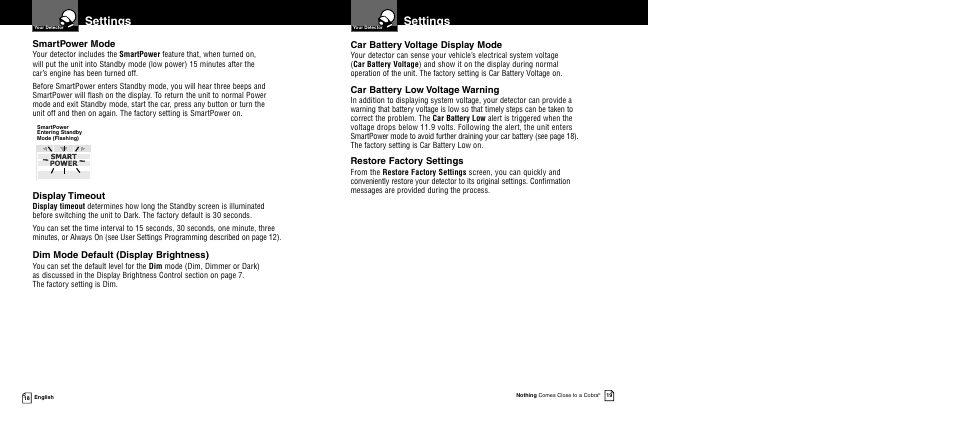 Settings | Cobra Electronics XRS 9840 User Manual | Page 12 / 21