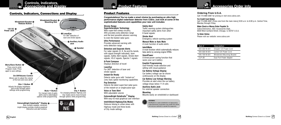 Controls, indicators, connections and display, Product features, Accessories order info | Cobra Electronics XRS 9840 User Manual | Page 2 / 21