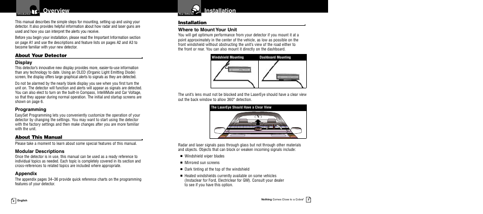 Overview, Installation | Cobra Electronics XRS 9840 User Manual | Page 4 / 21
