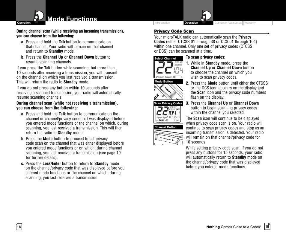Mode functions | Cobra Electronics MICROTALK CXR750C User Manual | Page 12 / 18