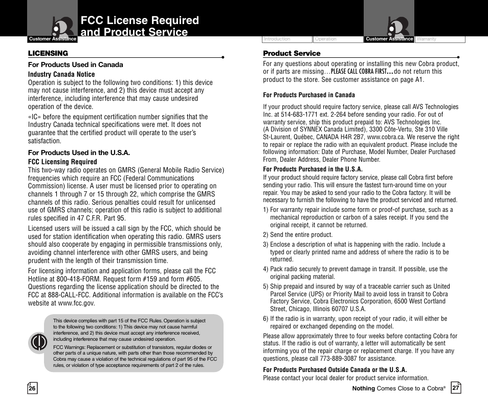 Fcc license required and product service | Cobra Electronics MICROTALK CXR750C User Manual | Page 16 / 18