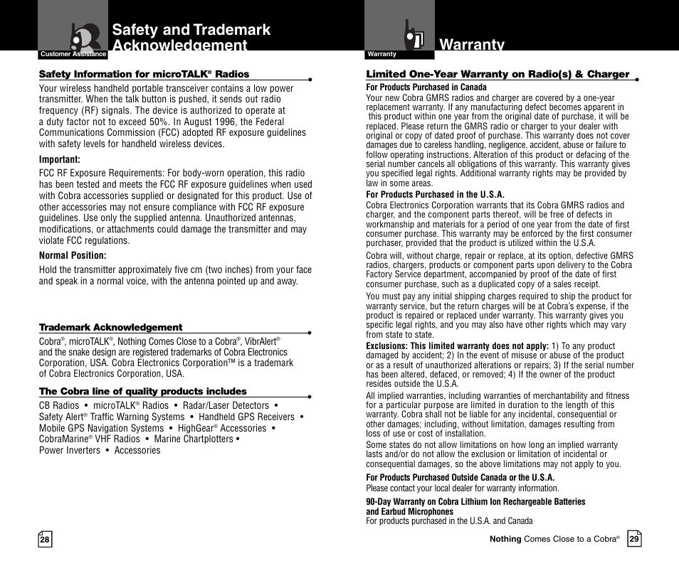 Safety and trademark acknowledgement, Warranty | Cobra Electronics MICROTALK CXR750C User Manual | Page 17 / 18