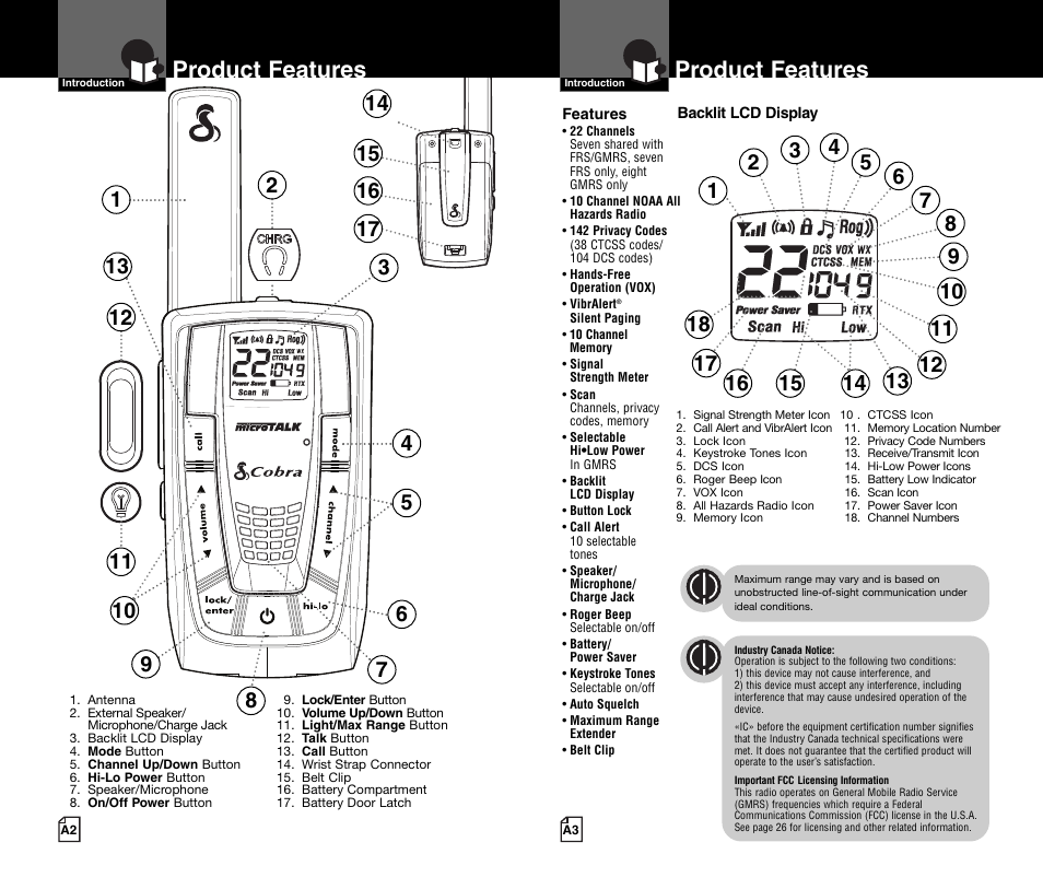 Product features | Cobra Electronics MICROTALK CXR750C User Manual | Page 2 / 18