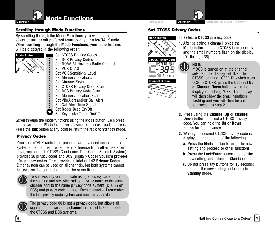 Mode functions | Cobra Electronics MICROTALK CXR750C User Manual | Page 7 / 18