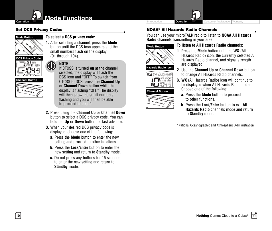 Mode functions | Cobra Electronics MICROTALK CXR750C User Manual | Page 8 / 18