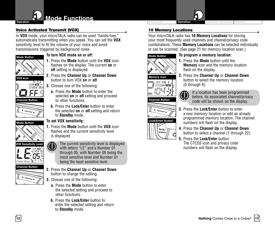 Mode functions | Cobra Electronics MICROTALK CXR750C User Manual | Page 9 / 18