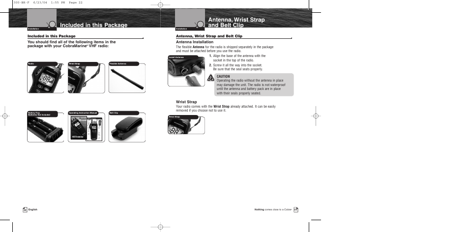 Antenna, wrist strap and belt clip, Included in this package, Antenna installation | Wrist strap, Vhf radio | Cobra Electronics MR HH300 EU User Manual | Page 13 / 20