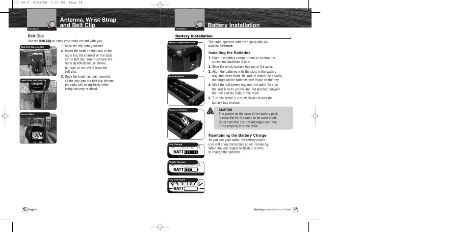 Antenna, wrist strap and belt clip, Battery installation, Belt clip | Installing the batteries, Maintaining the battery charge | Cobra Electronics MR HH300 EU User Manual | Page 14 / 20