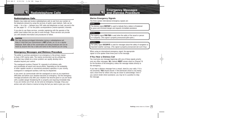 Emergency messages and distress procedure, Radiotelephone calls | Cobra Electronics MR HH300 EU User Manual | Page 6 / 20