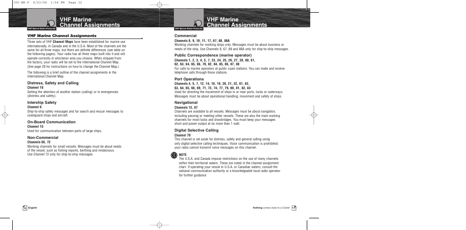 Vhf marine channel assignments | Cobra Electronics MR HH300 EU User Manual | Page 8 / 20