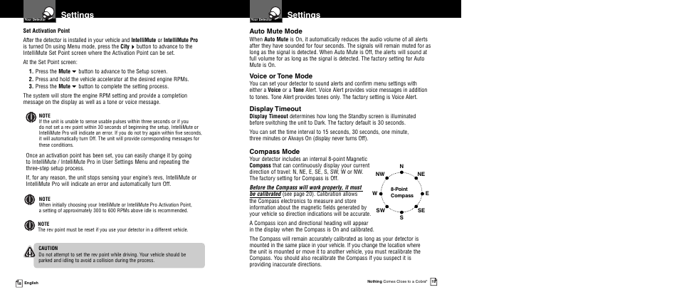 Settings | Cobra Electronics XRS 969 User Manual | Page 12 / 23