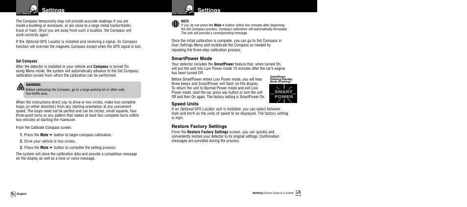 Settings | Cobra Electronics XRS 969 User Manual | Page 13 / 23