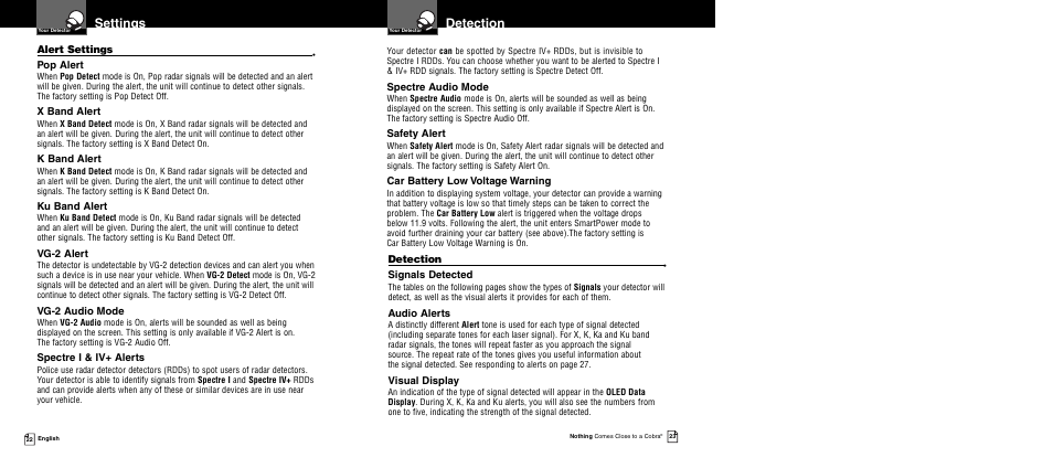 Settings, Detection | Cobra Electronics XRS 969 User Manual | Page 14 / 23