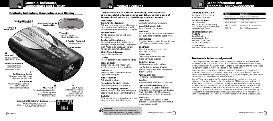 Controls, indicators, connections and display, Product features, Order information and trademark acknowledgement | Trademark acknowledgement, Ordering from u.s.a | Cobra Electronics XRS 969 User Manual | Page 2 / 23