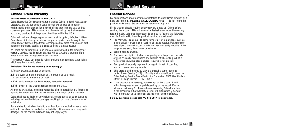 Product service, Warranty | Cobra Electronics XRS 969 User Manual | Page 22 / 23