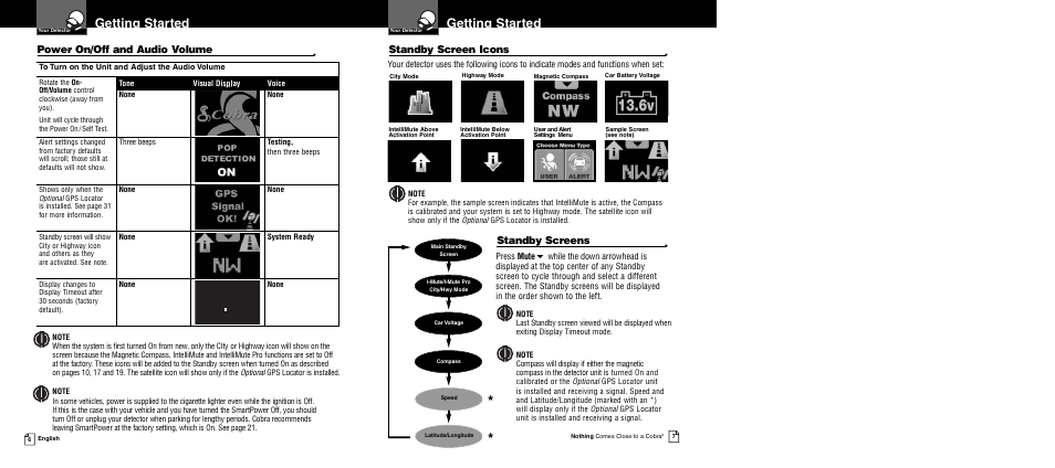 Getting started, Standby screen icons, Power on/off and audio volume | Standby screens | Cobra Electronics XRS 969 User Manual | Page 6 / 23