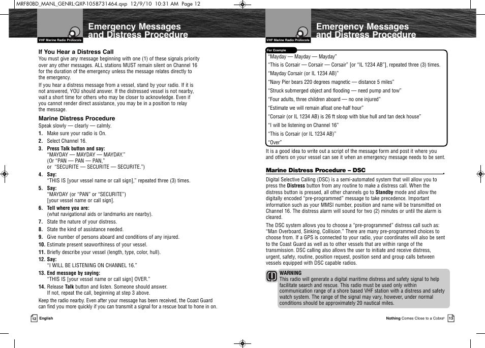 Emergency messages and distress procedure | Cobra Electronics MR F80B-D User Manual | Page 10 / 45