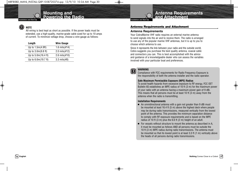 Antenna requirements and attachment, Mounting and powering the radio | Cobra Electronics MR F80B-D User Manual | Page 13 / 45