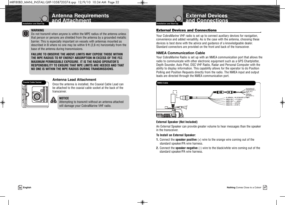 External devices and connections, Antenna requirements and attachment | Cobra Electronics MR F80B-D User Manual | Page 14 / 45