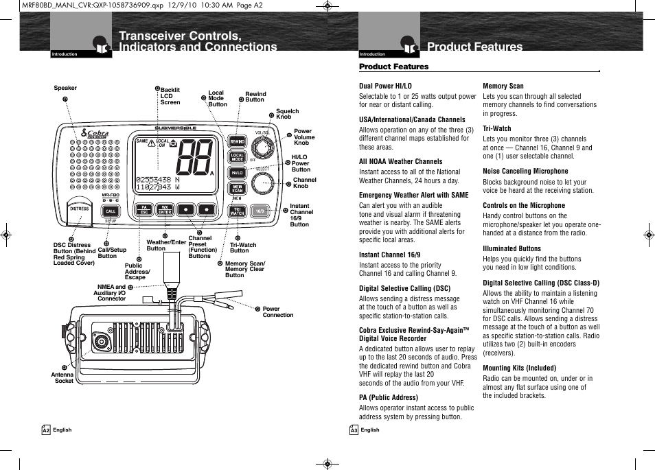 Product features, Transceiver controls, indicators and connections | Cobra Electronics MR F80B-D User Manual | Page 2 / 45
