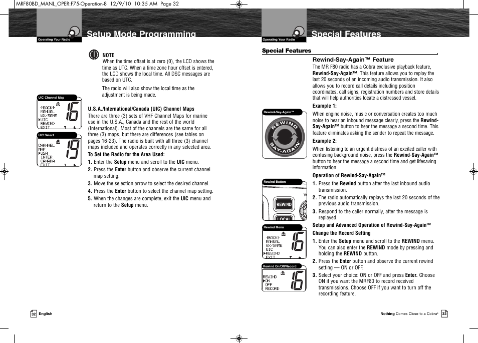 Special features, Setup mode programming | Cobra Electronics MR F80B-D User Manual | Page 20 / 45