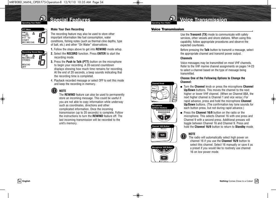 Product features, Voice transmission, Special features | Cobra Electronics MR F80B-D User Manual | Page 21 / 45